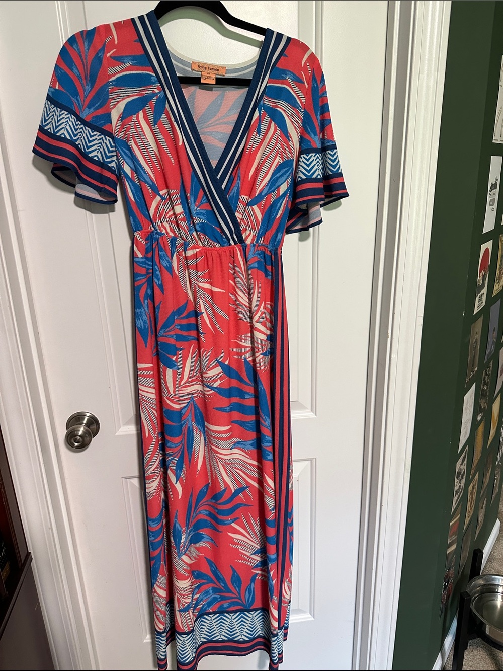 Flying Tomato Coral and Blue Tropical Wrap Maxi Dress